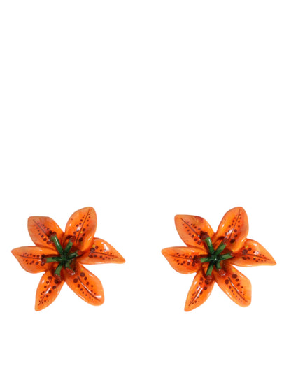  - Orange Green Gold Brass Lily Flower Clip Floral Earrings