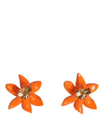  - Orange Green Gold Brass Lily Flower Clip Floral Earrings