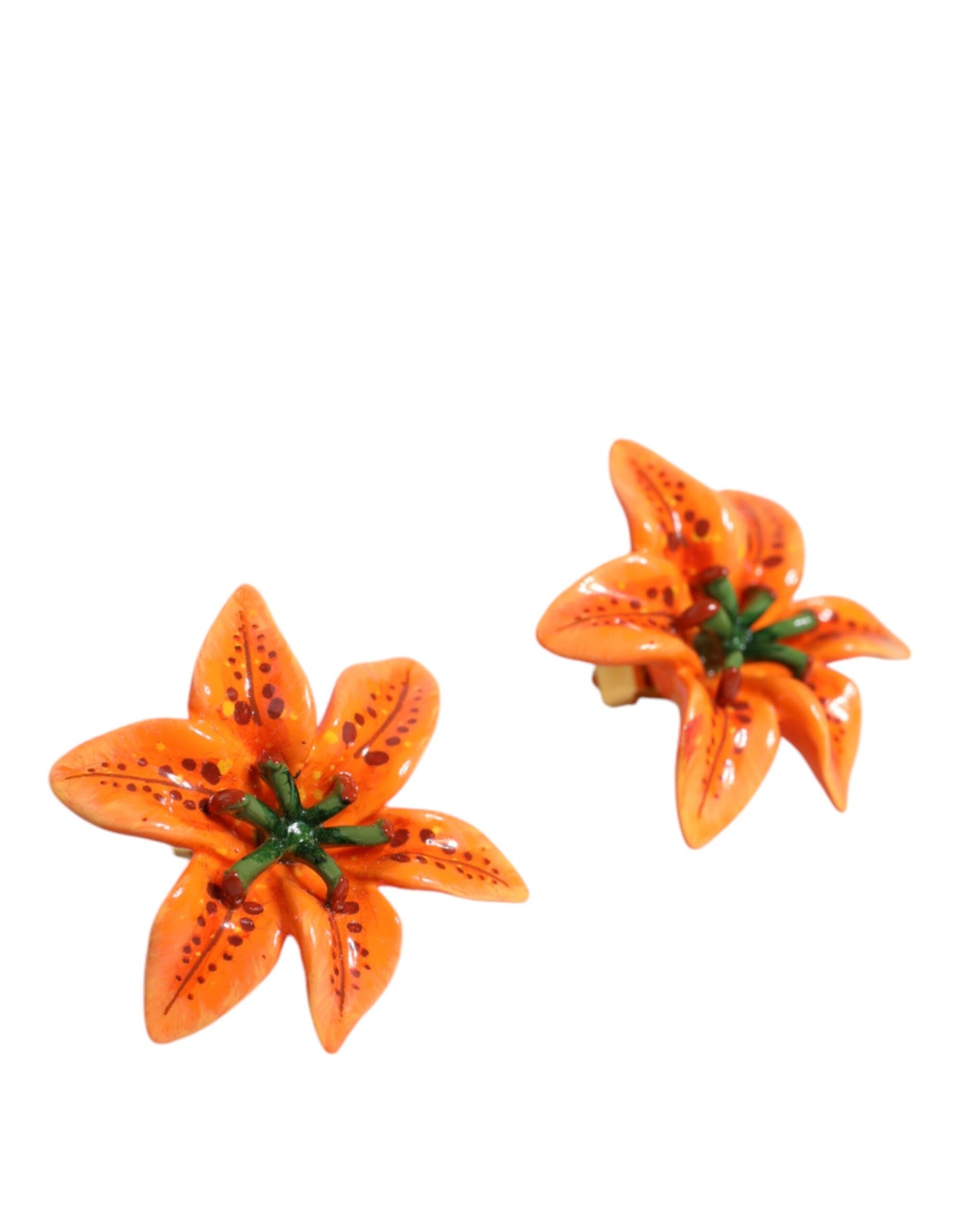  - Orange Green Gold Brass Lily Flower Clip Floral Earrings