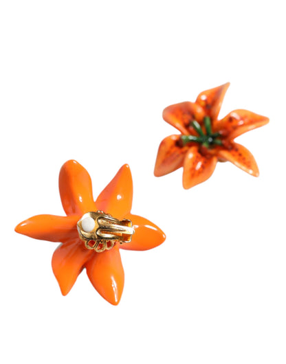  - Orange Green Gold Brass Lily Flower Clip Floral Earrings