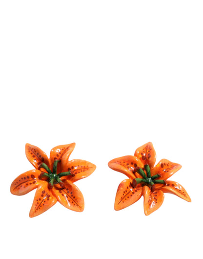  - Orange Green Gold Brass Lily Flower Clip Floral Earrings