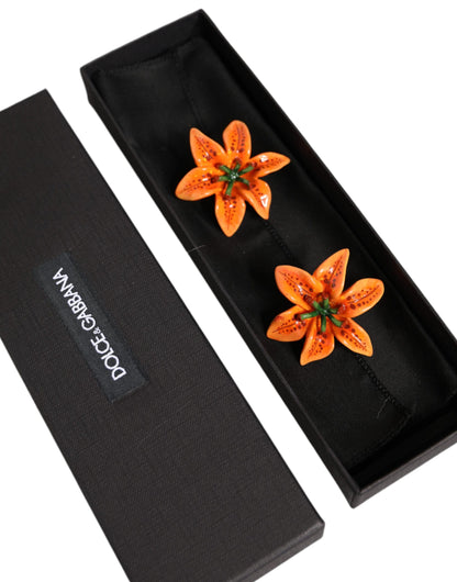  - Orange Green Gold Brass Lily Flower Clip Floral Earrings