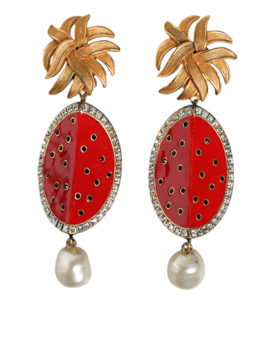  - Red Watermelon Gold Brass Crystal Clip Dangling Earrings