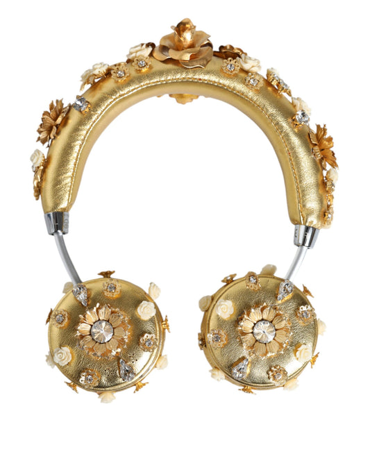  - Gold Leather Floral Crystal Angel Headphones