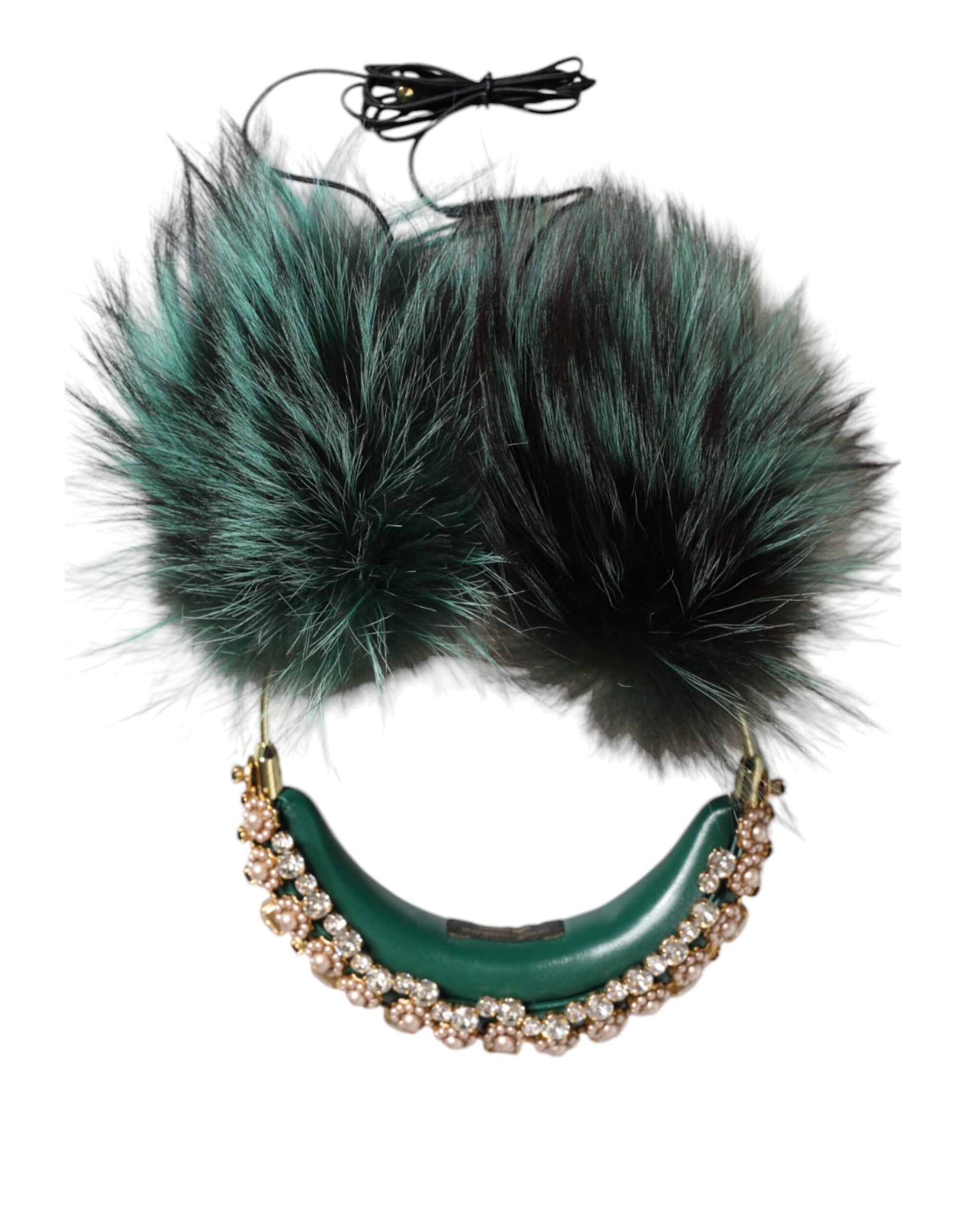 Green Gold Crystal Fur Headset Audio AUX Headphones