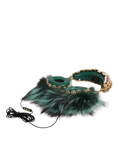  - Green Gold Crystal Fur Headset Audio AUX Headphones