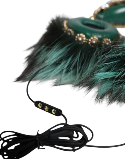  - Green Gold Crystal Fur Headset Audio AUX Headphones