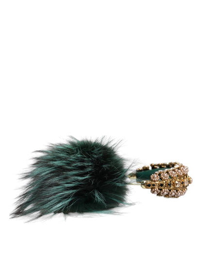  - Green Gold Crystal Fur Headset Audio AUX Headphones