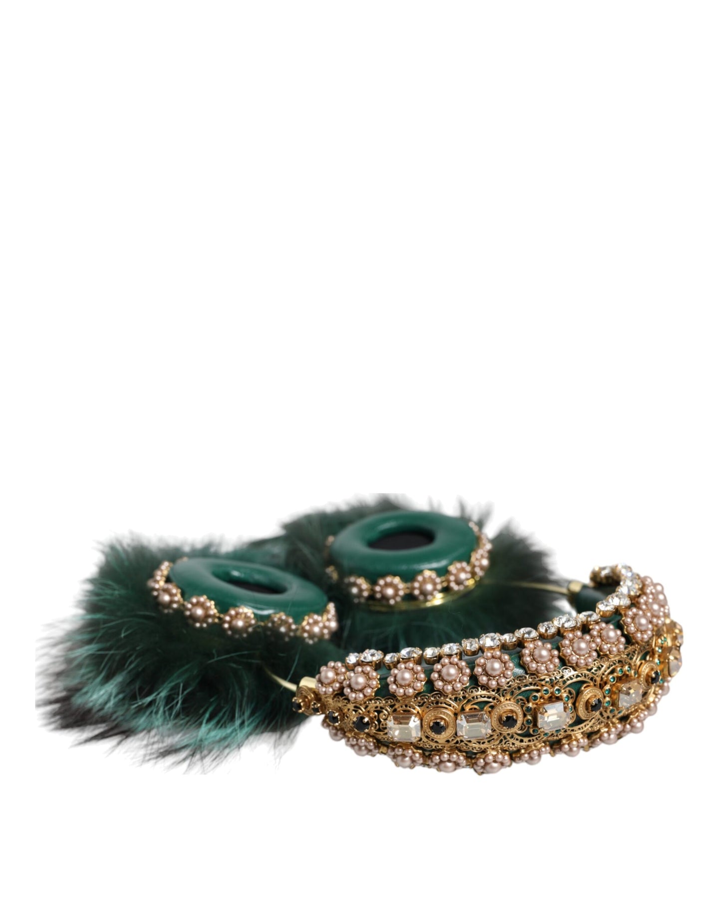  - Green Gold Crystal Fur Headset Audio AUX Headphones