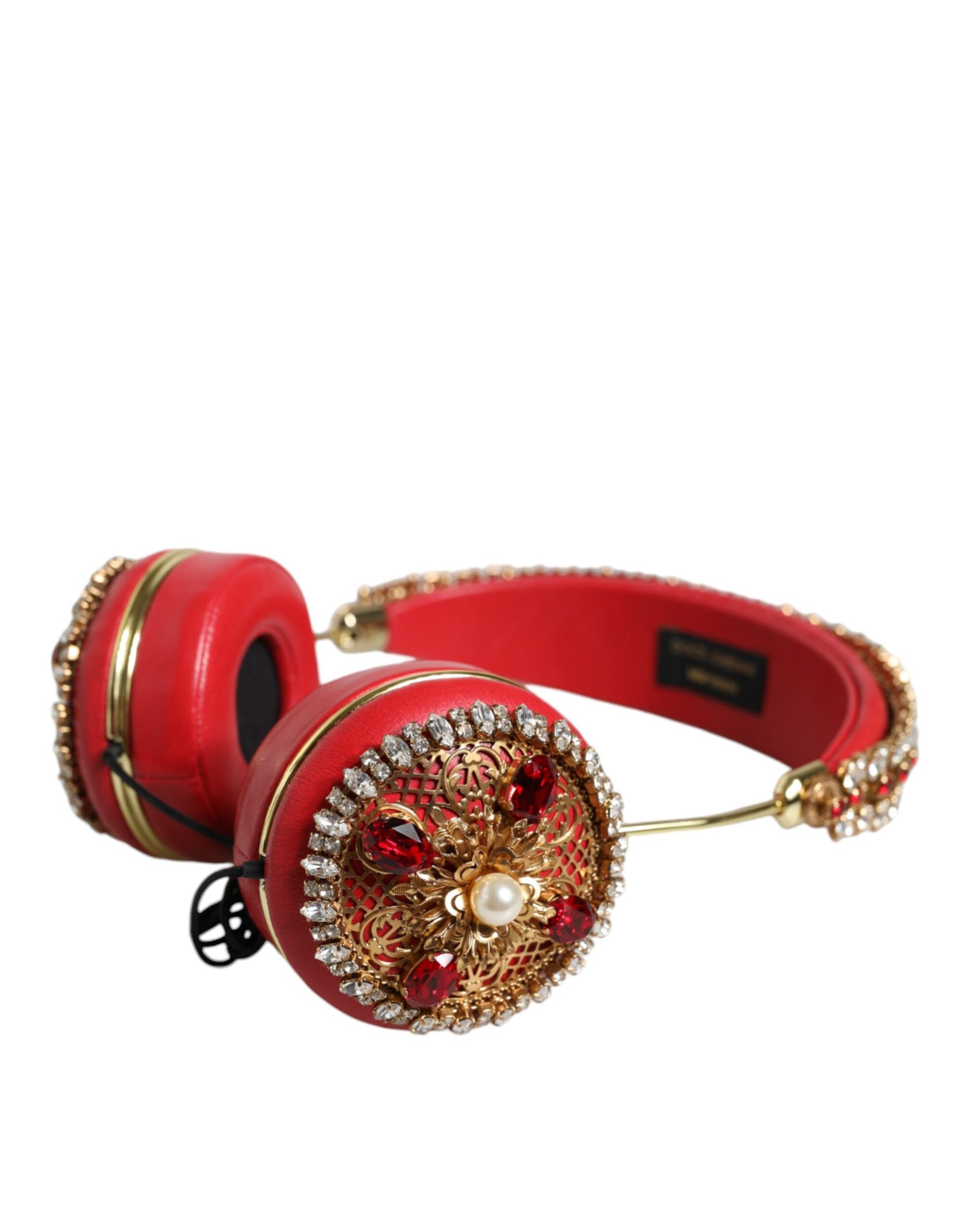 Dolce & Gabbana Red Nappa Leather Floral Crystal Headphones