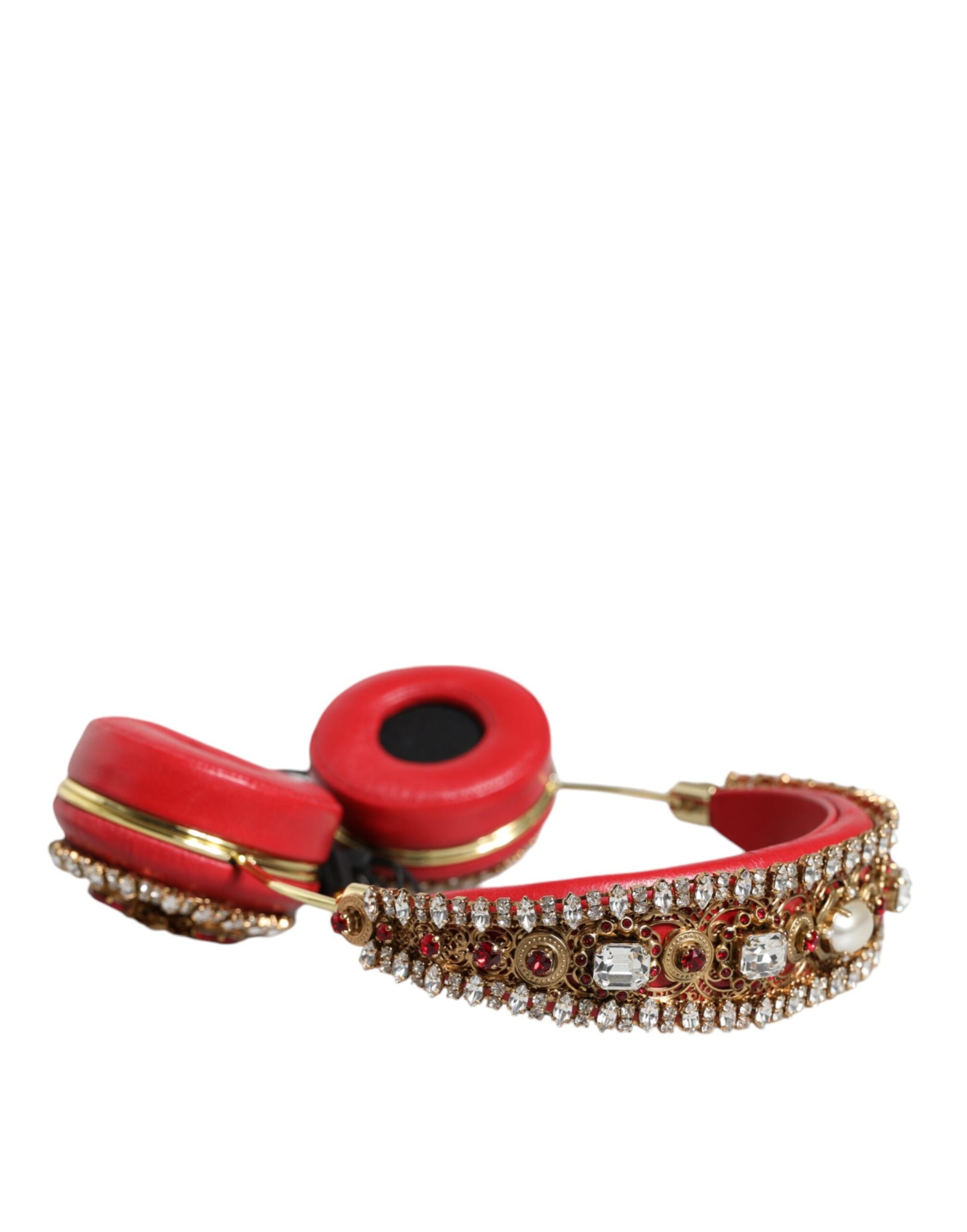 Dolce & Gabbana Red Nappa Leather Floral Crystal Headphones