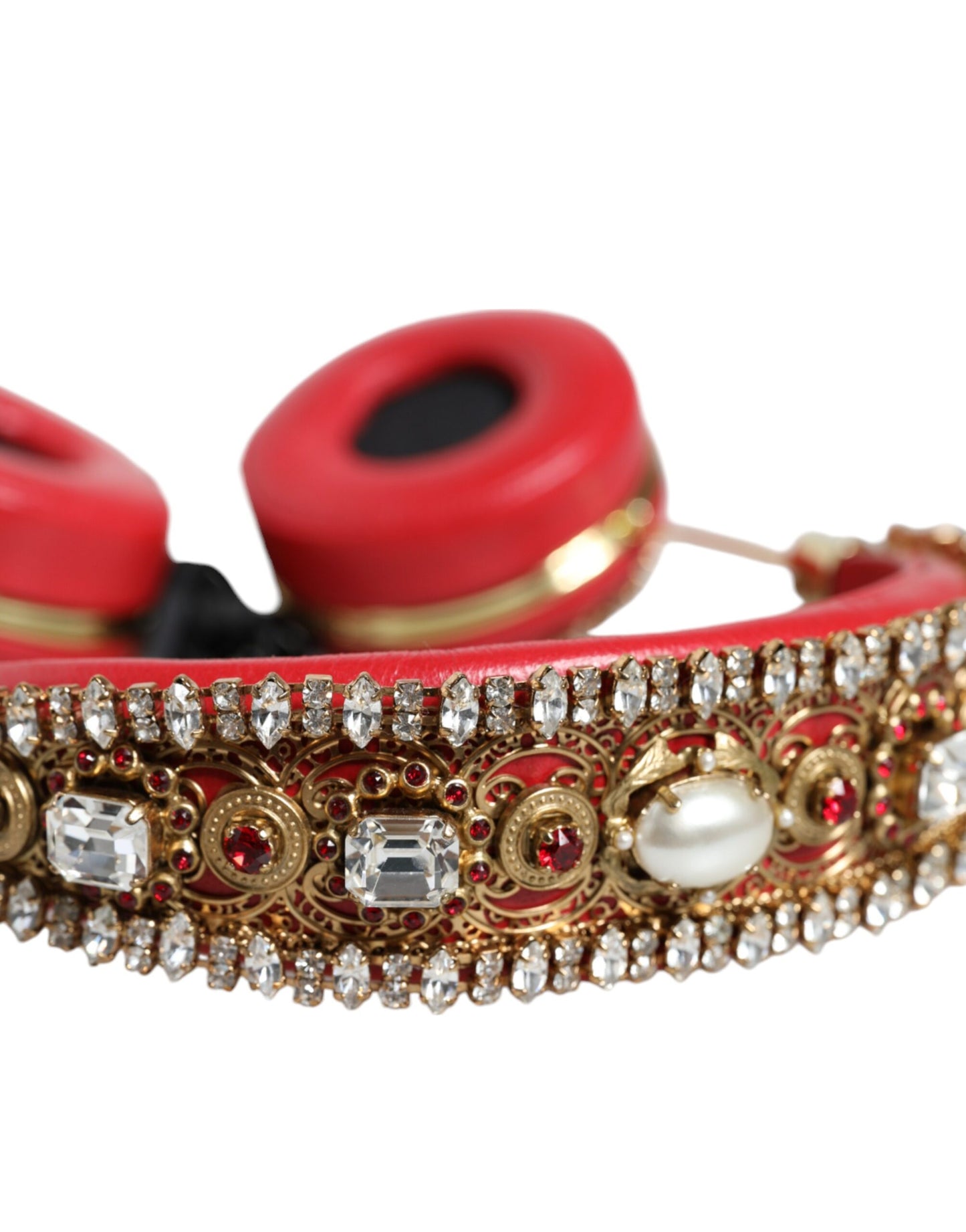  - Red Nappa Leather Floral Crystal Headphone