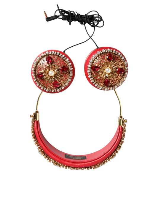  - Red Nappa Leather Floral Crystal Headphone