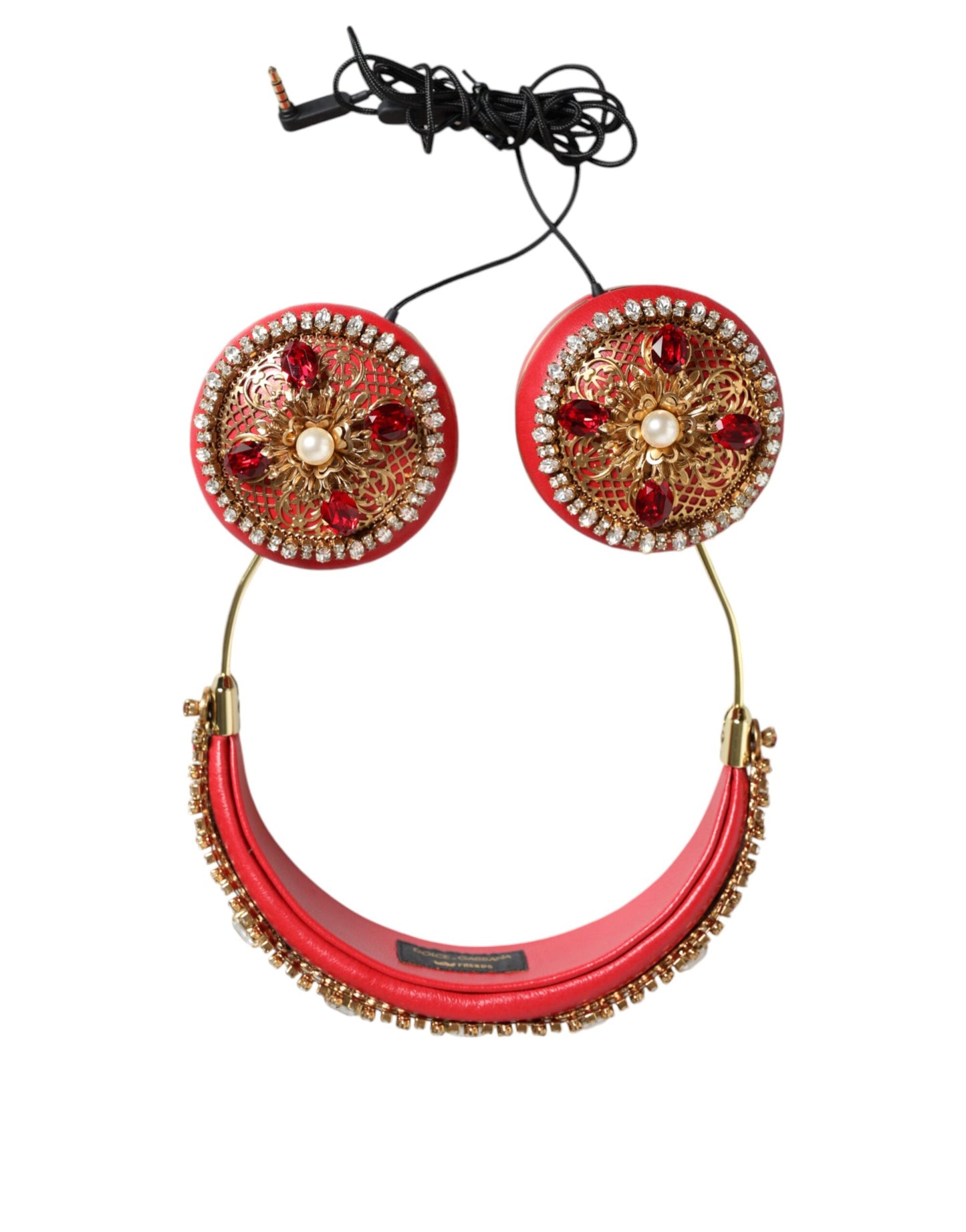  - Red Nappa Leather Floral Crystal Headphone