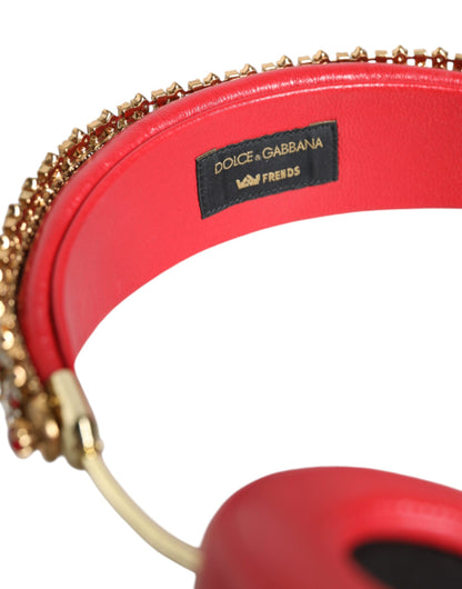 Dolce & Gabbana Red Nappa Leather Floral Crystal Headphones