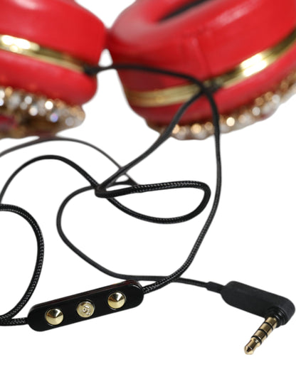 Dolce & Gabbana Red Nappa Leather Floral Crystal Headphones