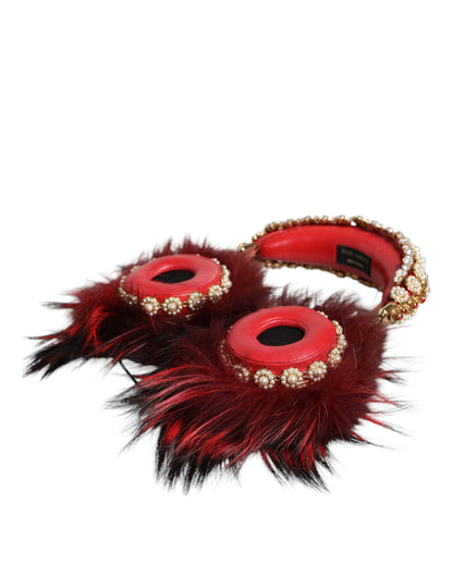  - Red Gold Crystal Fur Headset Audio AUX Headphones