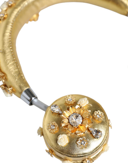  - Gold Leather Floral Crystal Angel Headset Headphones