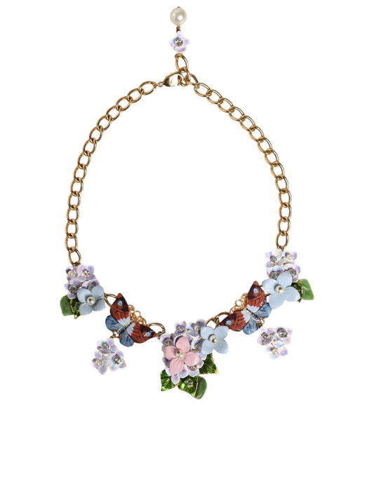 Multicolor Floral Decor Crystal Gold Brass Chain Necklace - The Luxe Alliance