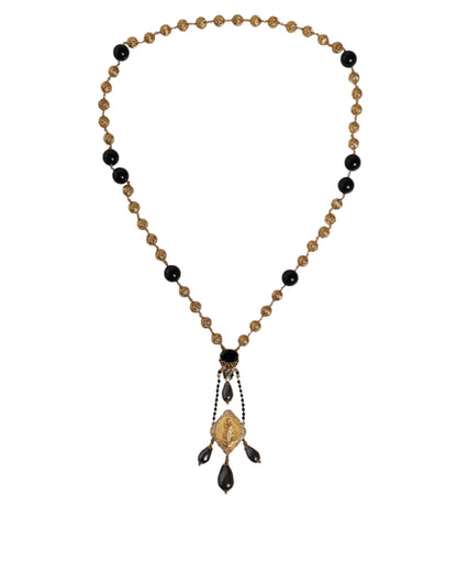 Gold Chain Brass Black Beaded Rosary Style Necklace - The Luxe Alliance