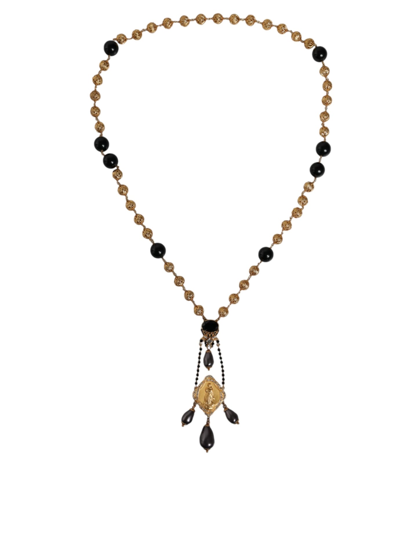 Gold Chain Brass Black Beaded Rosary Style Necklace - The Luxe Alliance