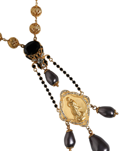 Gold Chain Brass Black Beaded Rosary Style Necklace - The Luxe Alliance