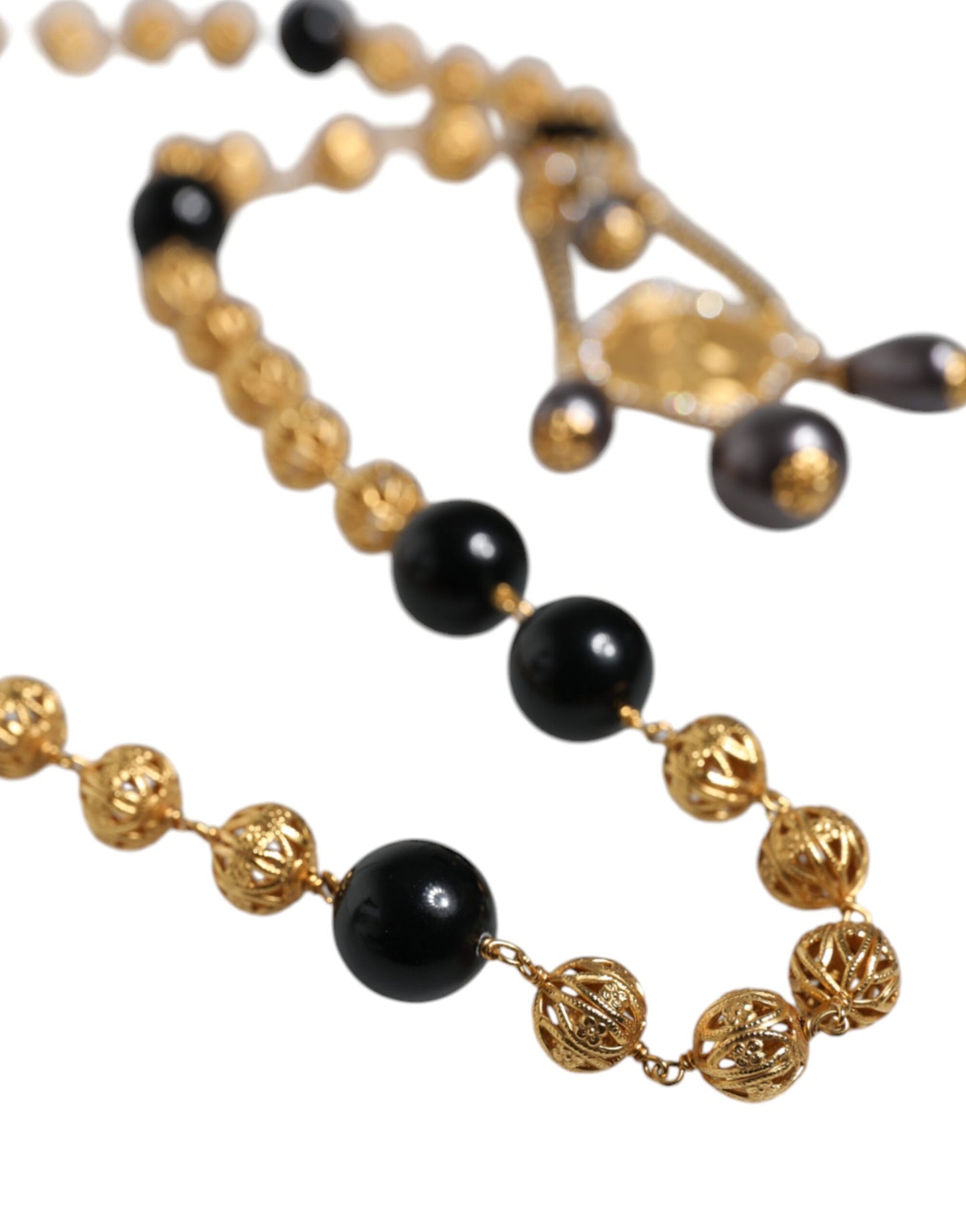 Gold Chain Brass Black Beaded Rosary Style Necklace - The Luxe Alliance