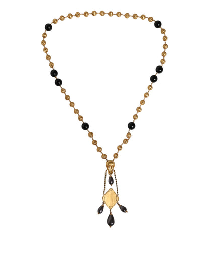 Gold Chain Brass Black Beaded Rosary Style Necklace - The Luxe Alliance