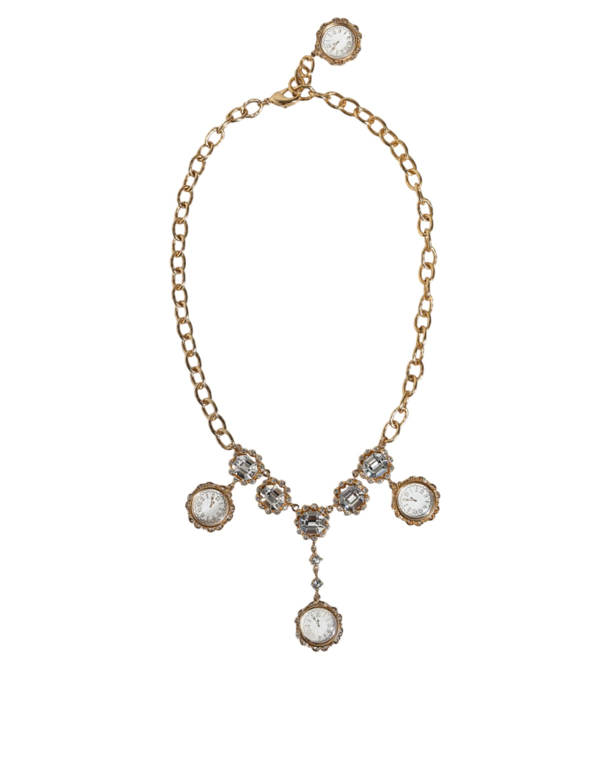 Gold Chain Brass Crystal Clock Statement Necklace