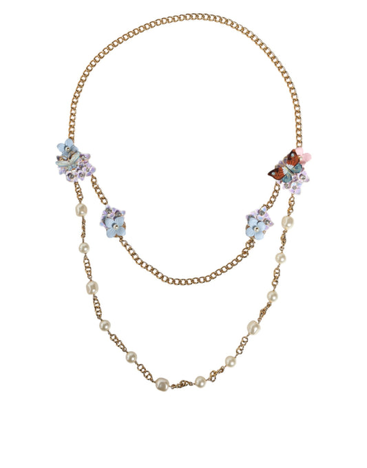 Gold Chain Brass Floral Layered Crystal Pearl Necklace - The Luxe Alliance