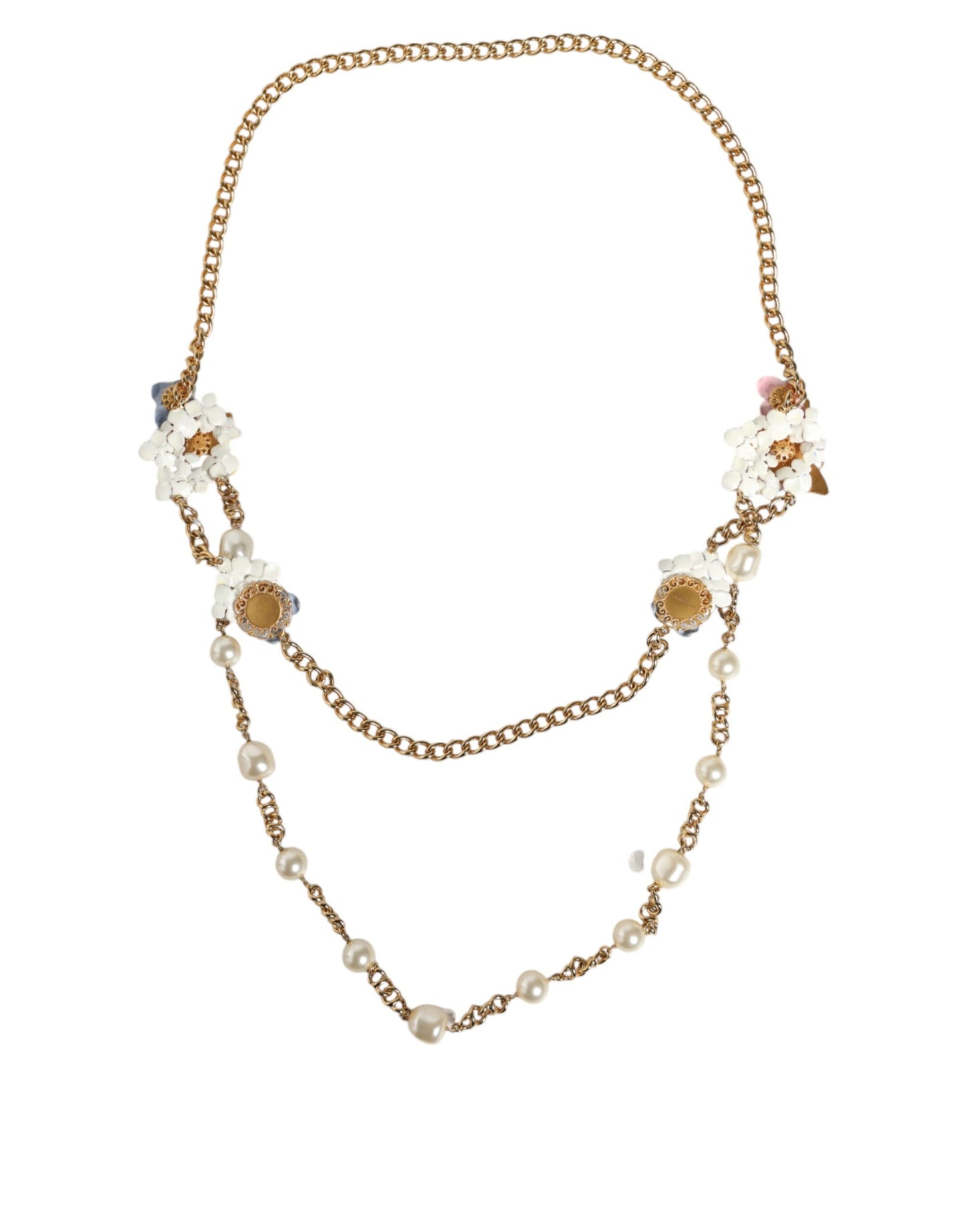 Gold Chain Brass Floral Layered Crystal Pearl Necklace - The Luxe Alliance