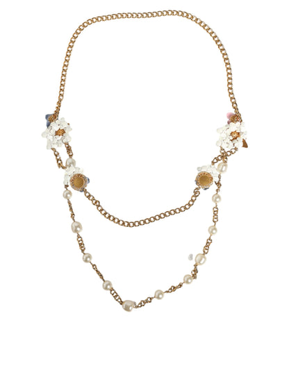 Gold Chain Brass Floral Layered Crystal Pearl Necklace - The Luxe Alliance