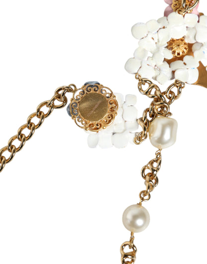 Gold Chain Brass Floral Layered Crystal Pearl Necklace - The Luxe Alliance