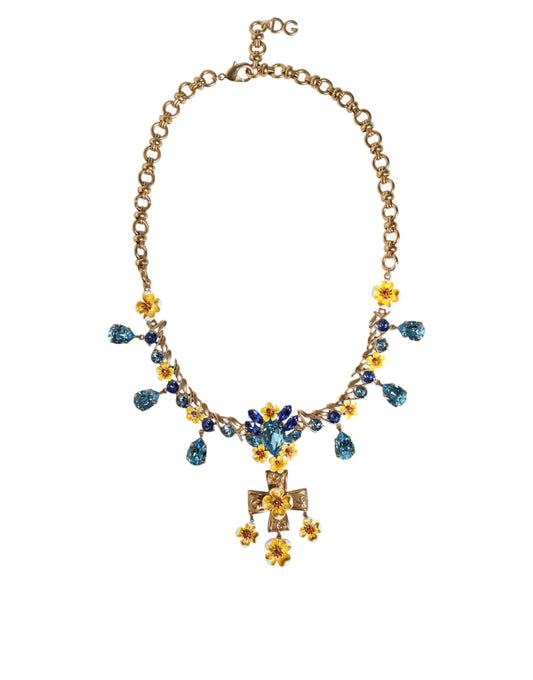 Gold Brass Chain Floral Crystal Cross Pendant Necklace - The Luxe Alliance