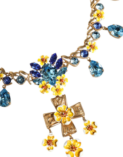 Gold Brass Chain Floral Crystal Cross Pendant Necklace - The Luxe Alliance