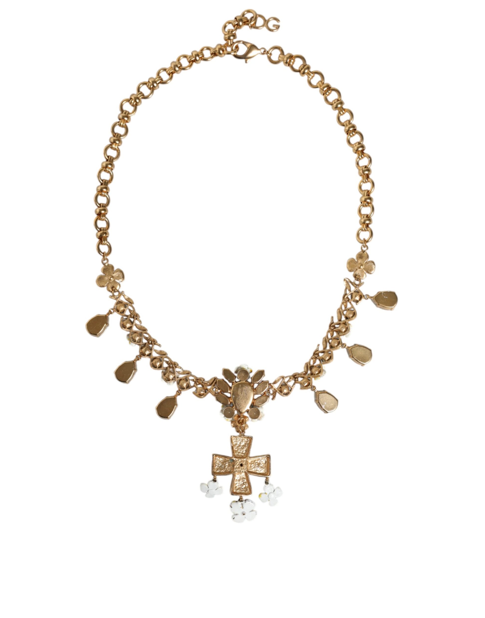 Gold Brass Chain Floral Crystal Cross Pendant Necklace