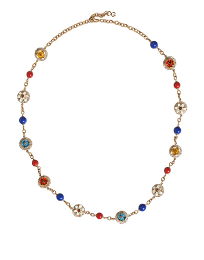 Gold Tone Brass Chain Floral Crystal Beaded Necklace - The Luxe Alliance