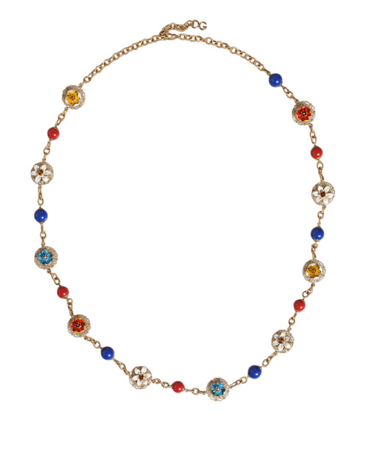 Gold Tone Brass Chain Floral Crystal Beaded Necklace - The Luxe Alliance