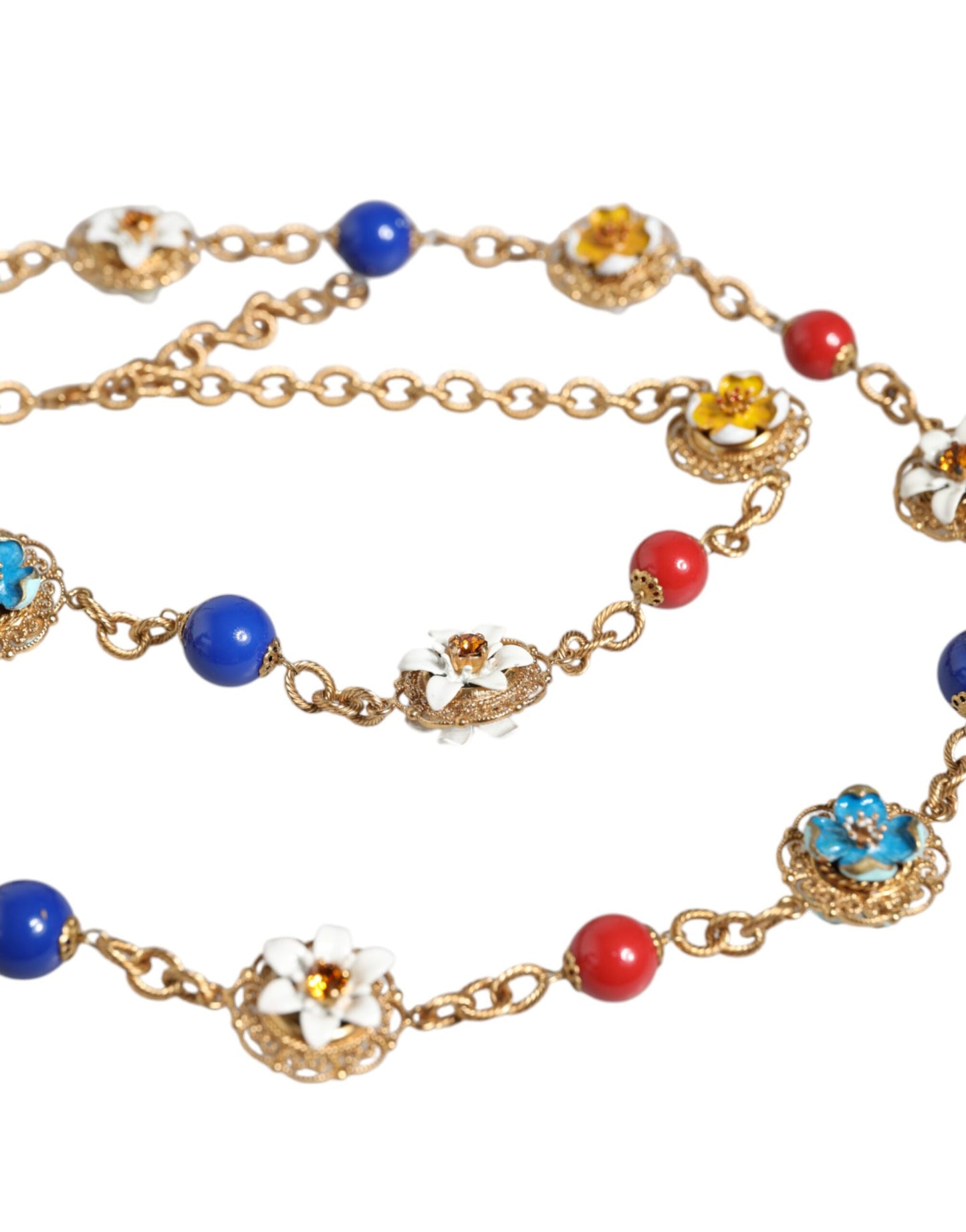 Gold Tone Brass Chain Floral Crystal Beaded Necklace - The Luxe Alliance