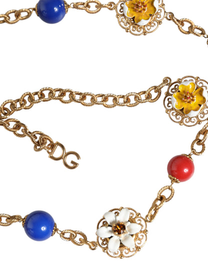 Gold Tone Brass Chain Floral Crystal Beaded Necklace - The Luxe Alliance