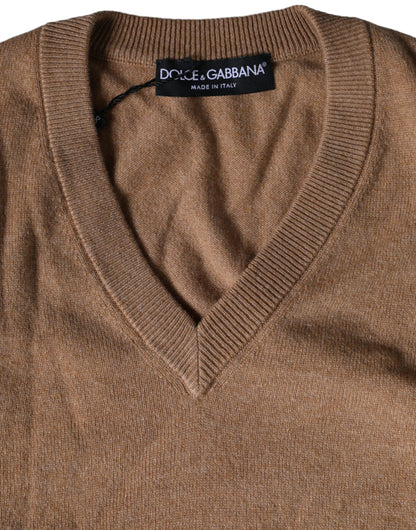 Brown Cashmere Knit V-neck Pullover Sweater - The Luxe Alliance