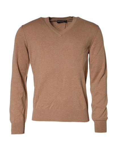 Brown Cashmere Knit V-neck Pullover Sweater - The Luxe Alliance