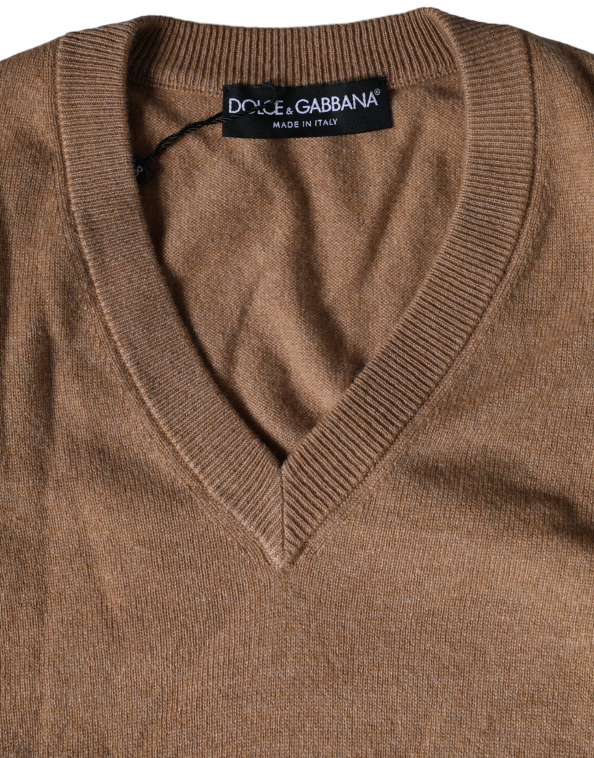 Brown Cashmere Knit V-neck Pullover Sweater