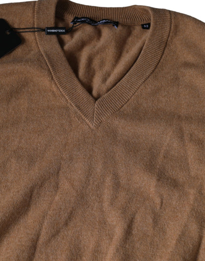 Brown Cashmere Knit V-neck Pullover Sweater - The Luxe Alliance