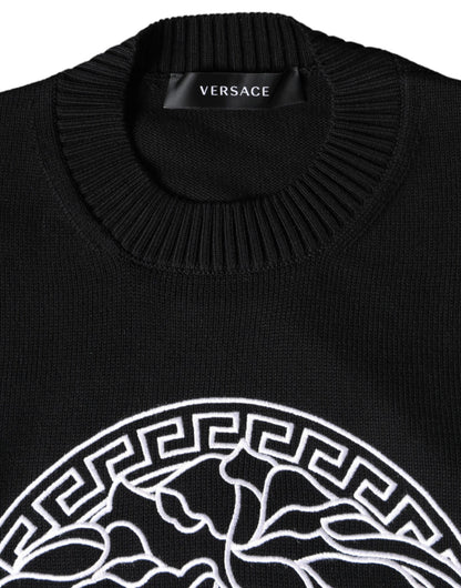 Black Medusa Embroidery Crew Neck Pullover Sweater - The Luxe Alliance