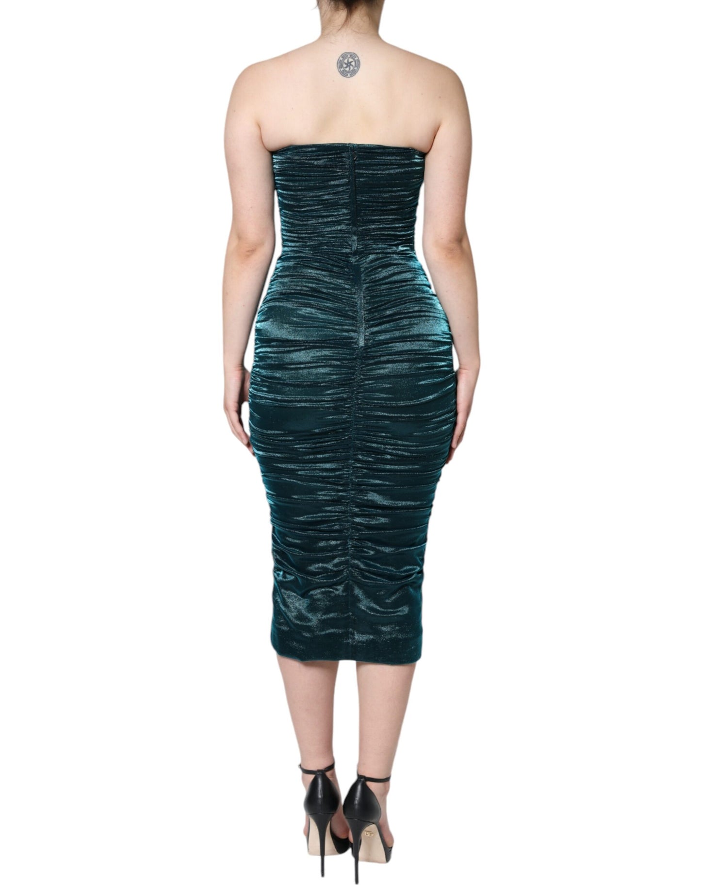 Green Silk Blend Satin Fitted Strapless Dress - The Luxe Alliance