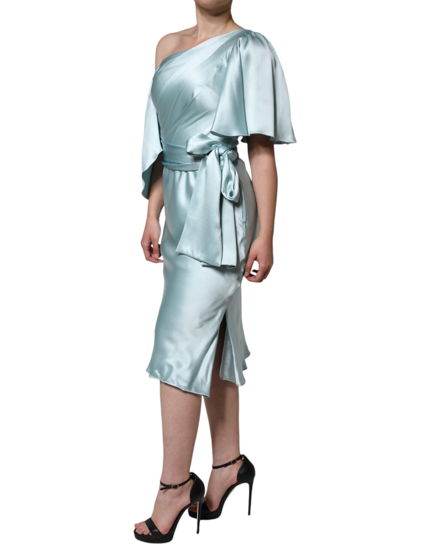 Mint Green Silk Fit Cut One Shoulder Dress - The Luxe Alliance