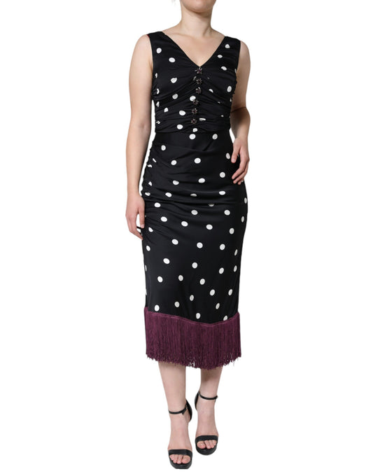 Black Silk Polka Dot V-neck Tassel Midi Dress - The Luxe Alliance