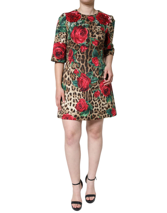 Brown Leopard Print Red Roses Cotton A-line Dress