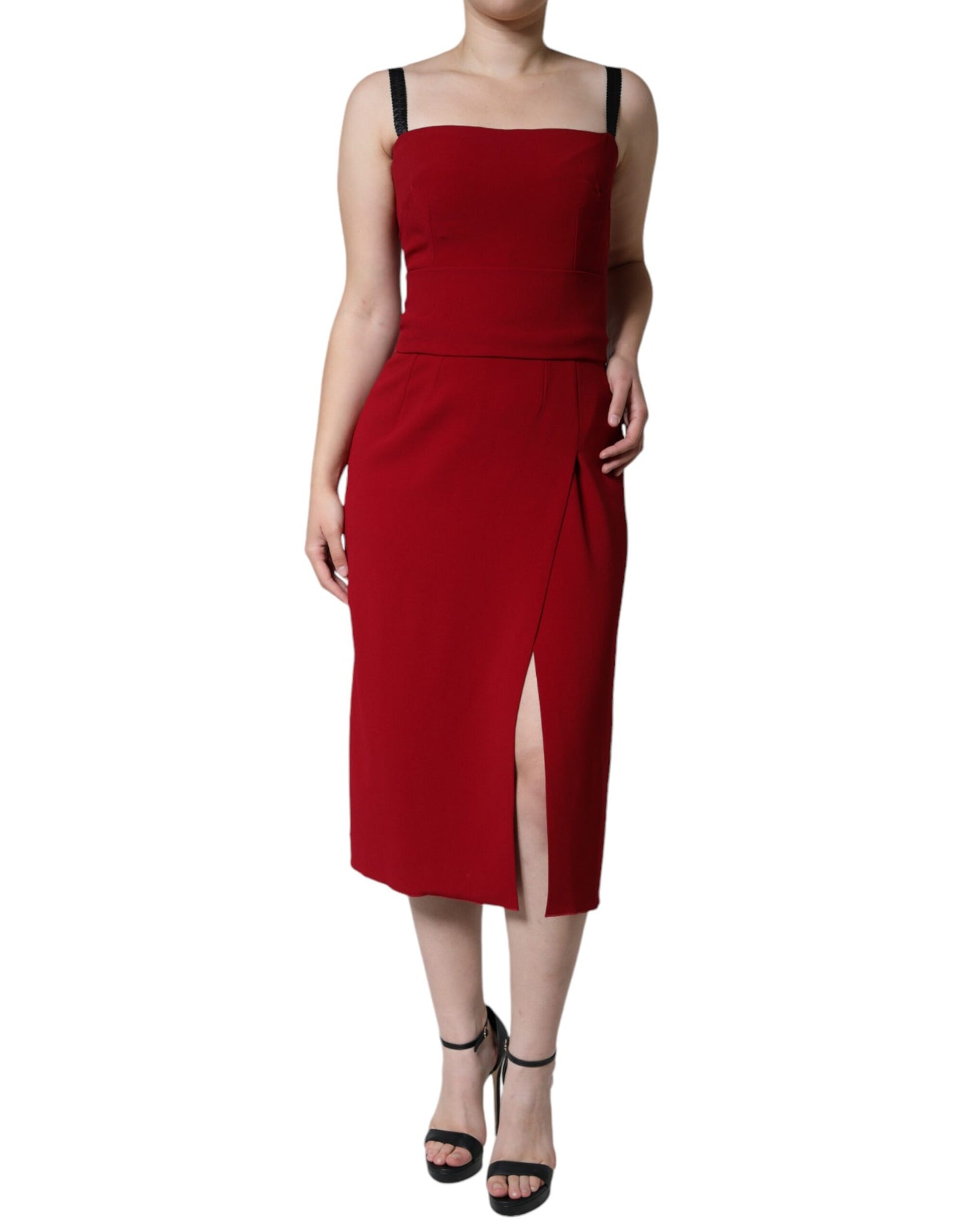 Red Viscose Stretch Side Slit Sheath Midi Dress - The Luxe Alliance